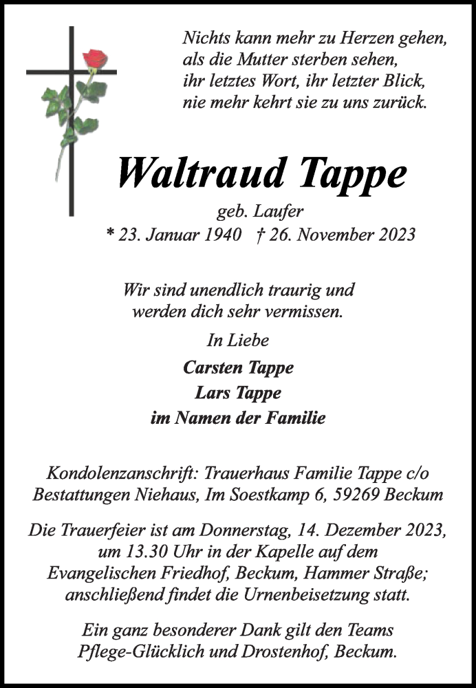  Traueranzeige für Waltraud Tappe vom 02.12.2023 aus Die Glocke