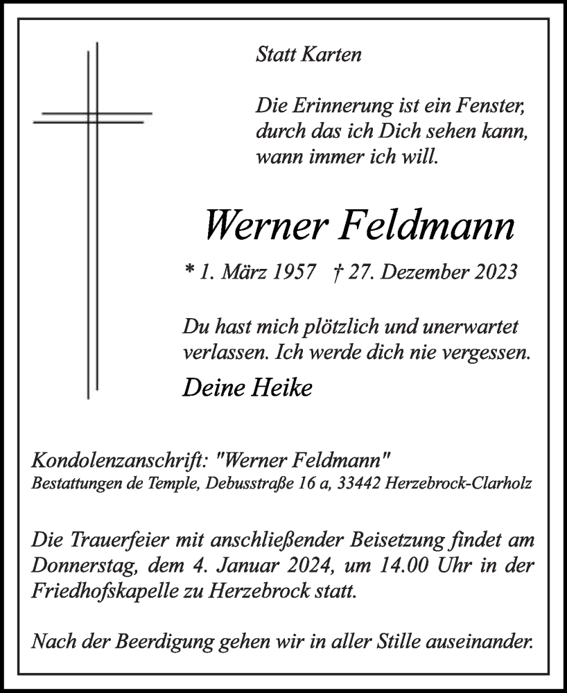  Traueranzeige für Werner Feldmann vom 30.12.2023 aus Die Glocke