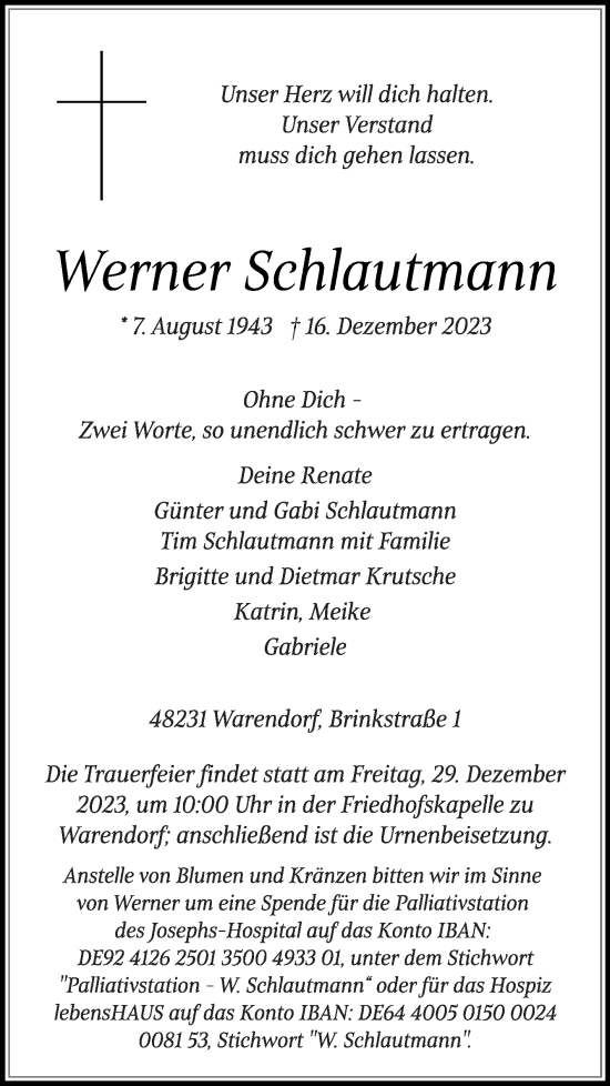 Traueranzeige von Werner Schlautmann von Die Glocke