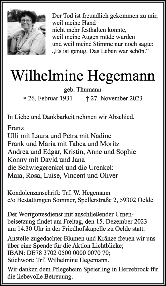  Traueranzeige für Wilhelmine Hegemann vom 02.12.2023 aus Die Glocke