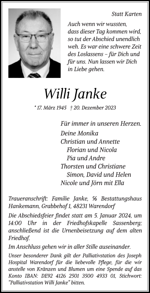 Traueranzeige von Willi Janke von Die Glocke