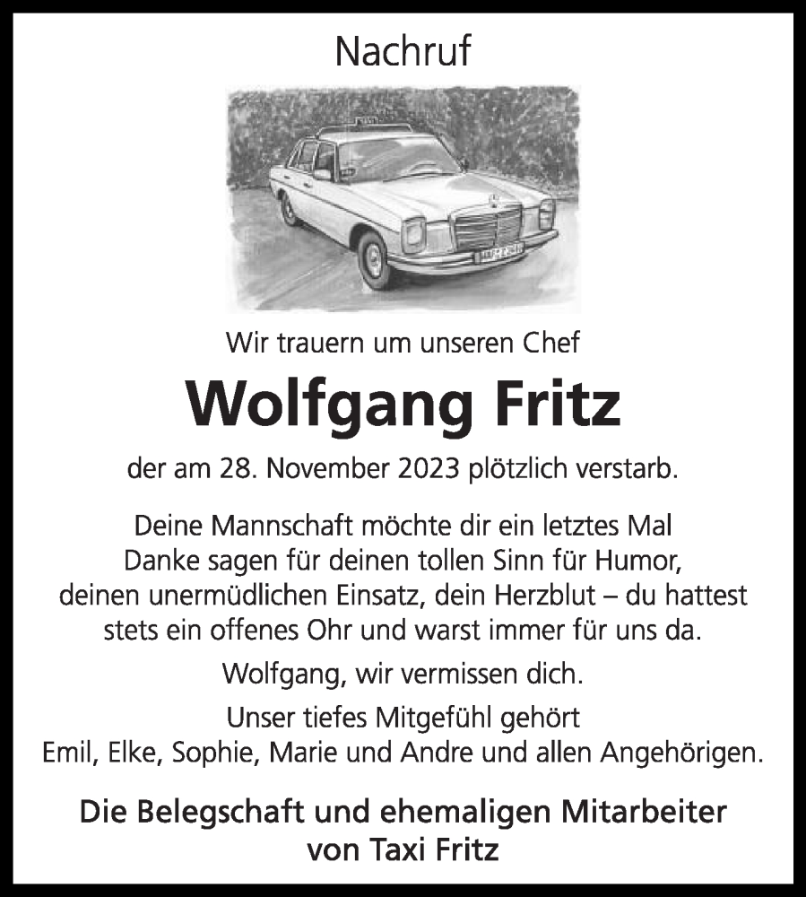  Traueranzeige für Wolfgang Fritz vom 09.12.2023 aus Die Glocke