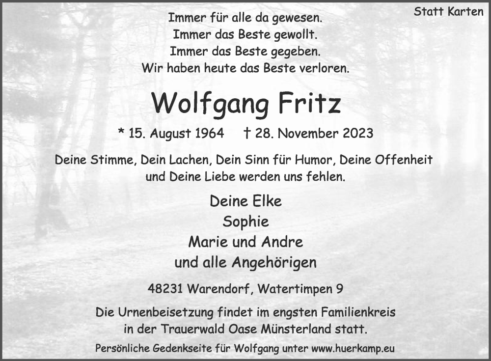  Traueranzeige für Wolfgang Fritz vom 02.12.2023 aus Die Glocke