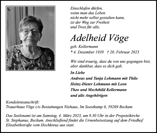 Traueranzeige von Adelheid Vöge von Die Glocke