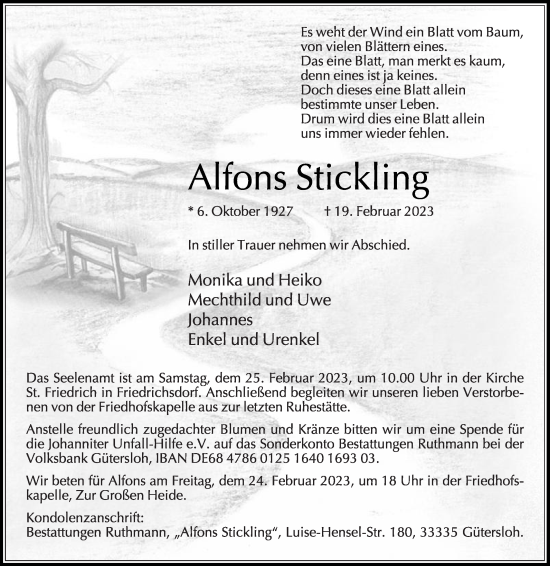 Traueranzeige von Alfons Stickling von Die Glocke