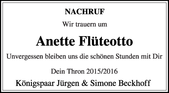 Traueranzeige von Anette Flüteotto von Die Glocke