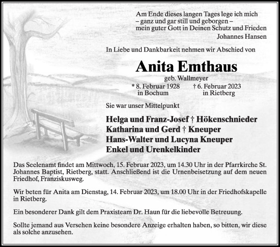 Traueranzeige von Anita Emthaus von Die Glocke