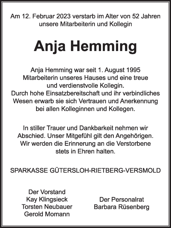Traueranzeige von Anja Hemming von Die Glocke