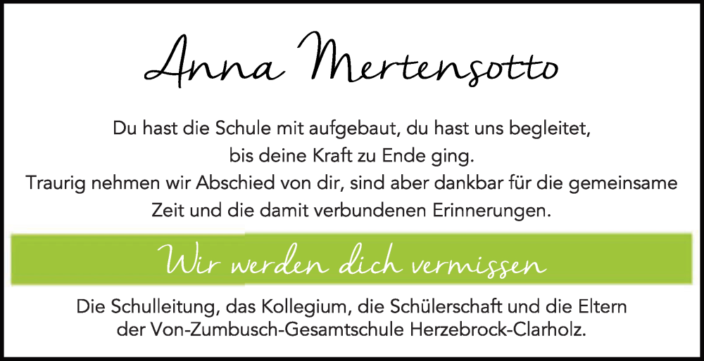  Traueranzeige für Anna Mertensotto vom 11.02.2023 aus Die Glocke