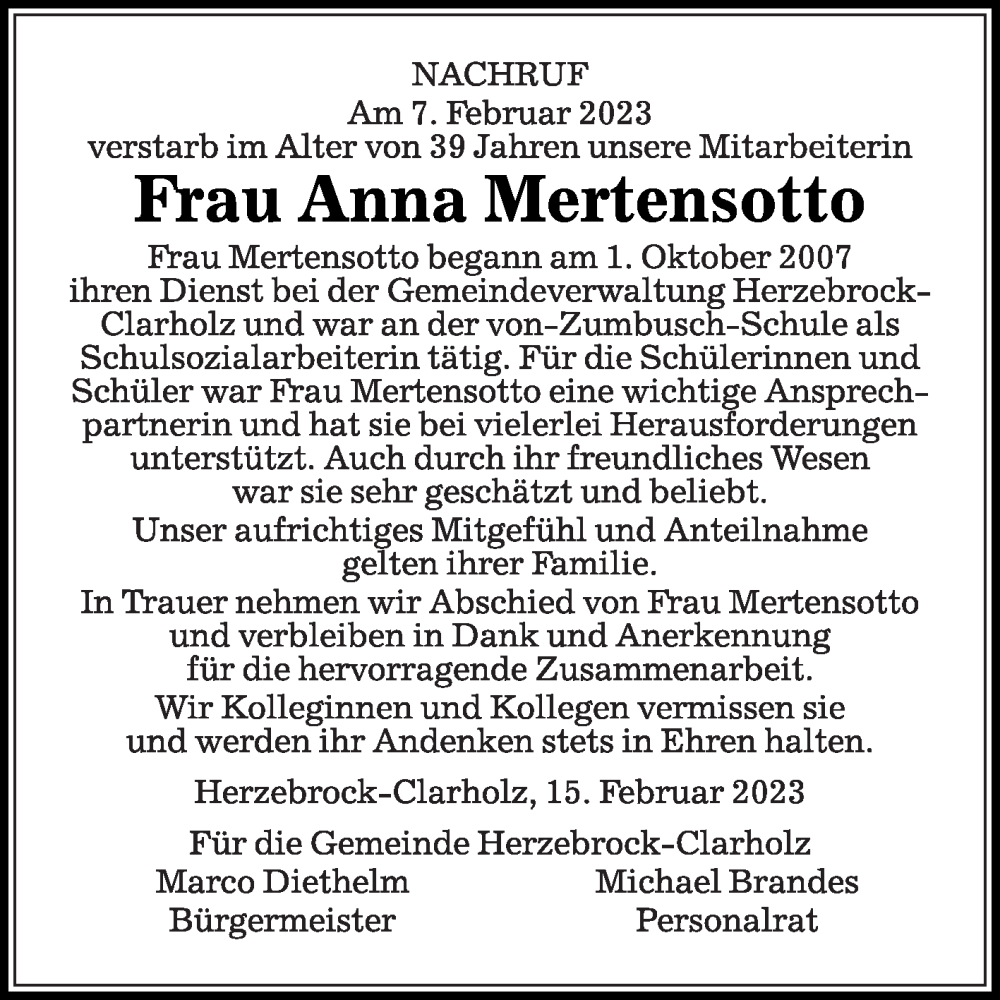  Traueranzeige für Anna Mertensotto vom 18.02.2023 aus Die Glocke