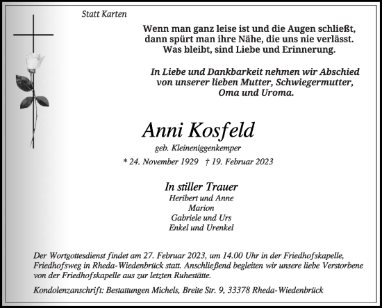 Traueranzeige von Anni Kosfeld von Die Glocke