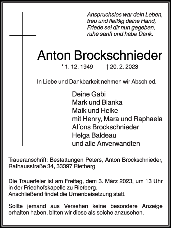 Traueranzeige von Anton Brockschnieder von Die Glocke