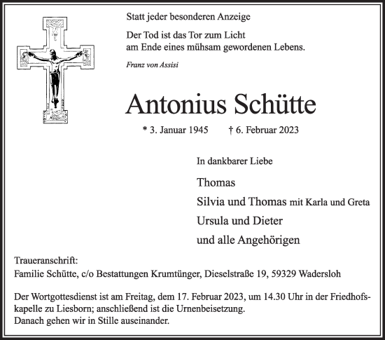 Traueranzeige von Antonius Schütte von Die Glocke