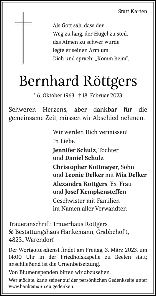 Traueranzeige von Bernhard Röttgers von Die Glocke