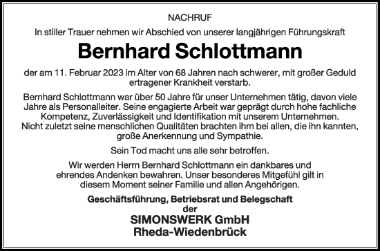 Traueranzeige von Bernhard Schlottmann von Die Glocke