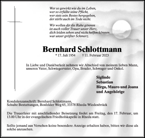 Traueranzeige von Bernhard Schlottmann von Die Glocke