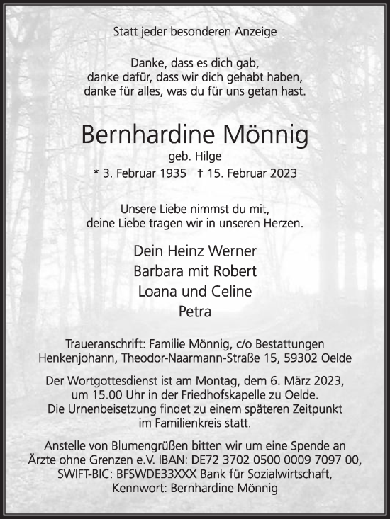 Traueranzeige von Bernhardine Mönnig von Die Glocke