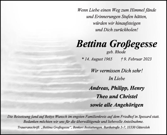 Traueranzeige von Bettina Großegesse von Die Glocke