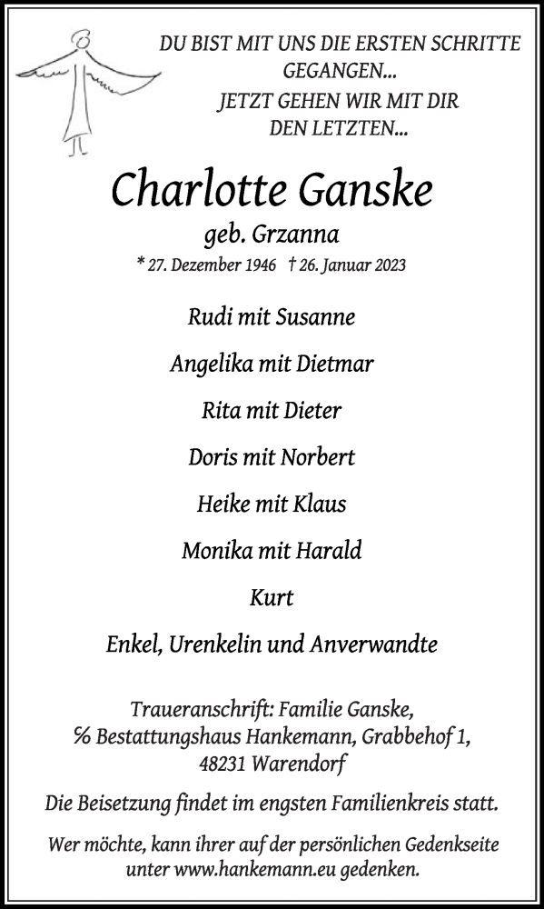  Traueranzeige für Charlotte Ganske vom 01.02.2023 aus Die Glocke