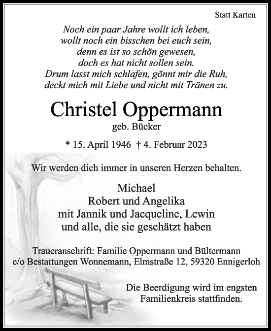 Traueranzeige von Christel Oppermann von Die Glocke