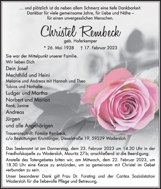 Traueranzeige von Christel Rembeck von Die Glocke