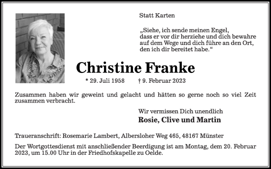Traueranzeige von Christine Franke von Die Glocke