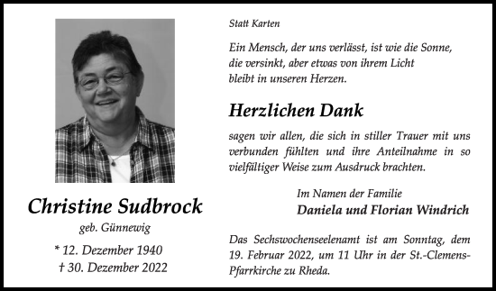 Traueranzeige von Christine Sudbrock von Die Glocke