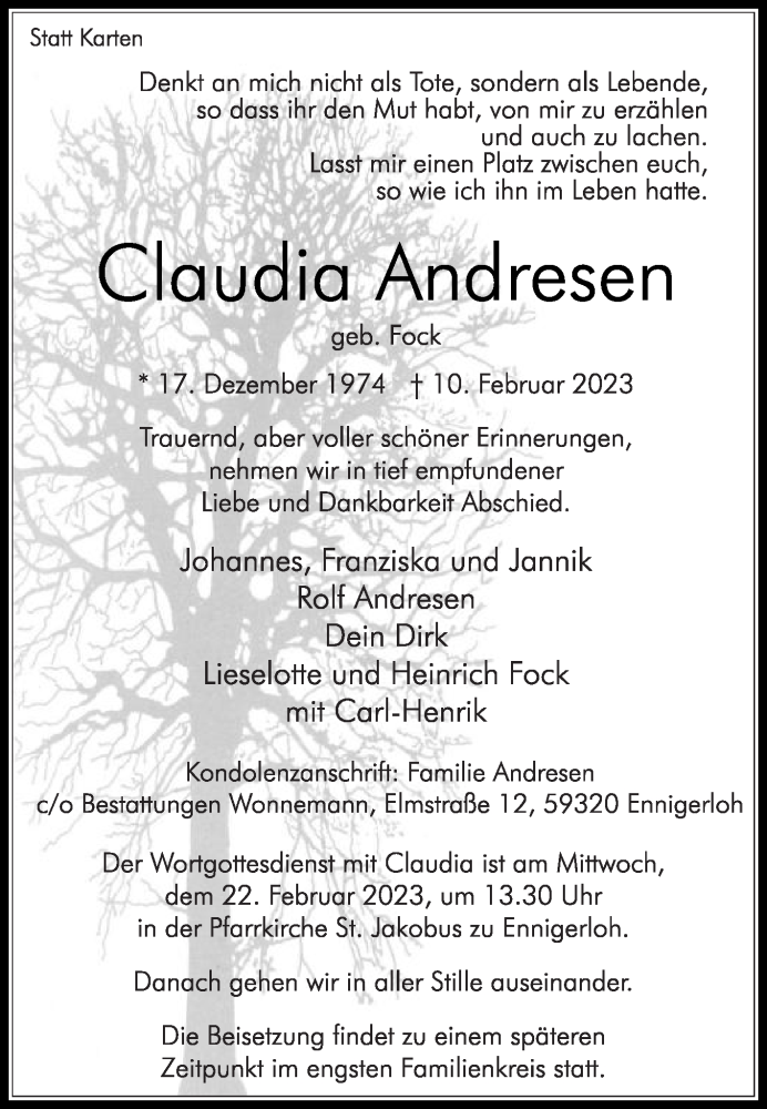  Traueranzeige für Claudia Andresen vom 18.02.2023 aus Die Glocke