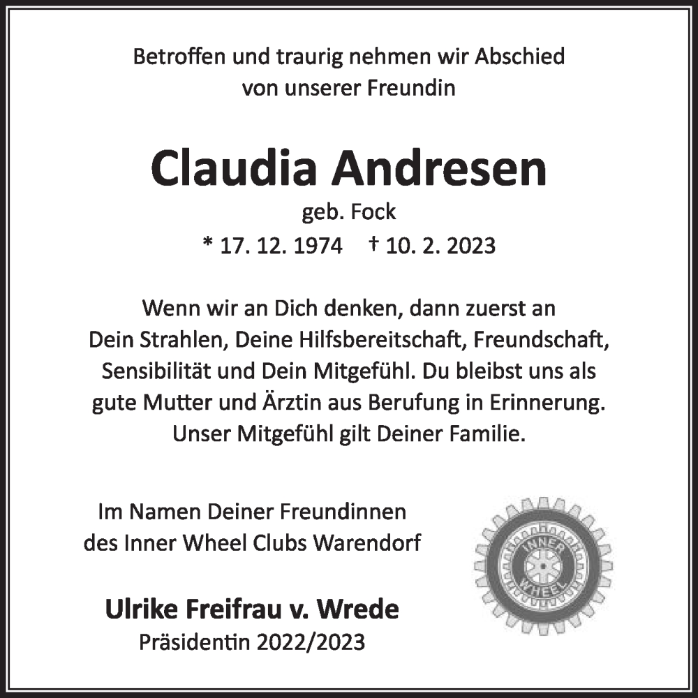  Traueranzeige für Claudia Andresen vom 25.02.2023 aus Die Glocke