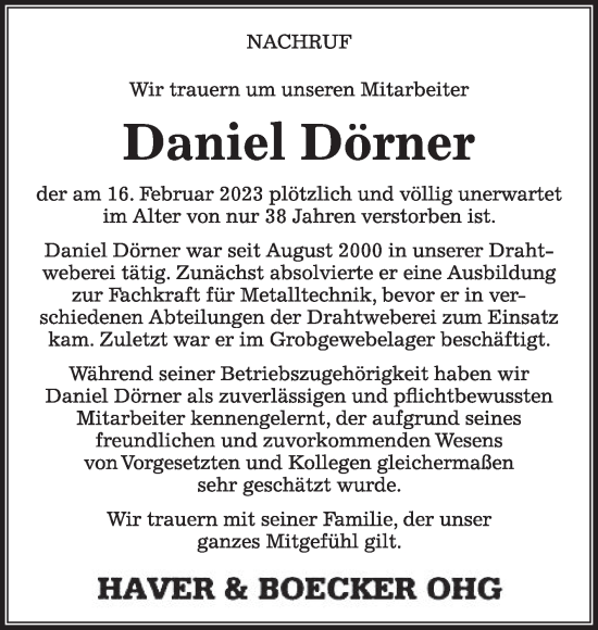 Traueranzeige von Daniel Dörner von Die Glocke