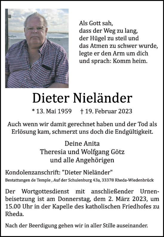Traueranzeige von Dieter Nieländer von Die Glocke