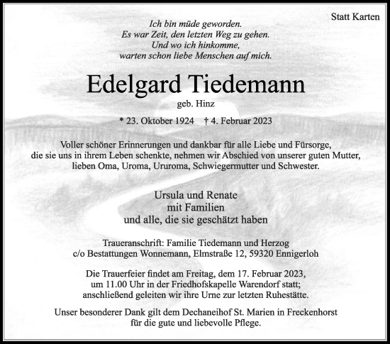 Traueranzeige von Edelgard Tiedemann von Die Glocke