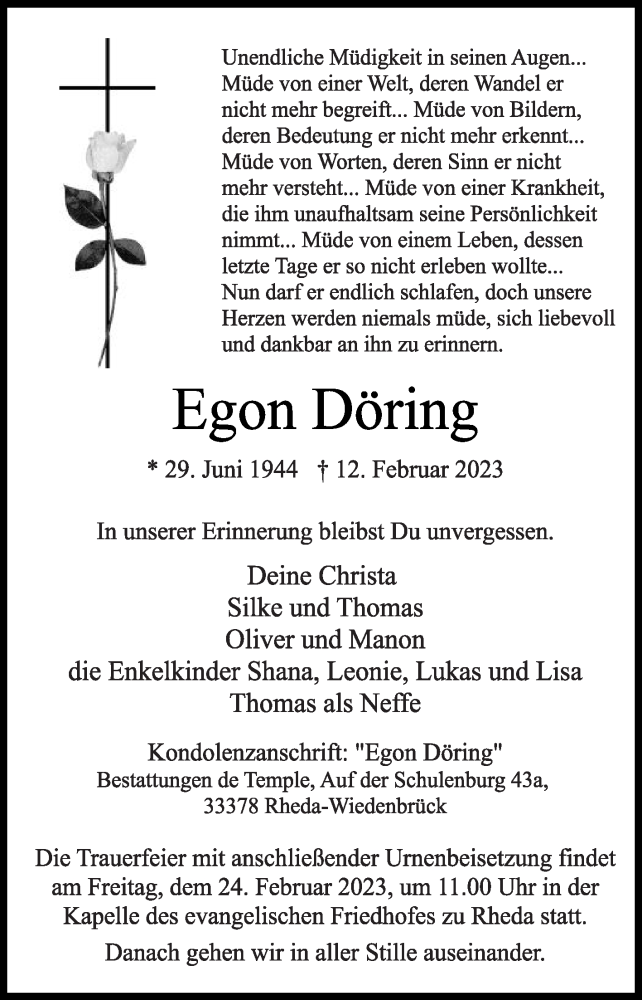  Traueranzeige für Egon Döring vom 18.02.2023 aus Die Glocke