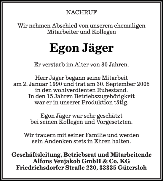 Traueranzeige von Egon Jäger von Die Glocke