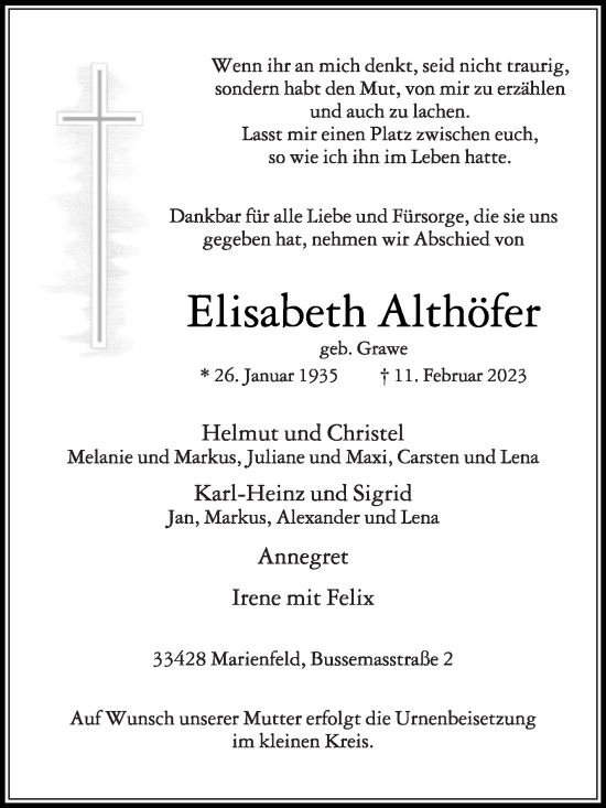 Traueranzeige von Elisabeth Althöfer von Die Glocke