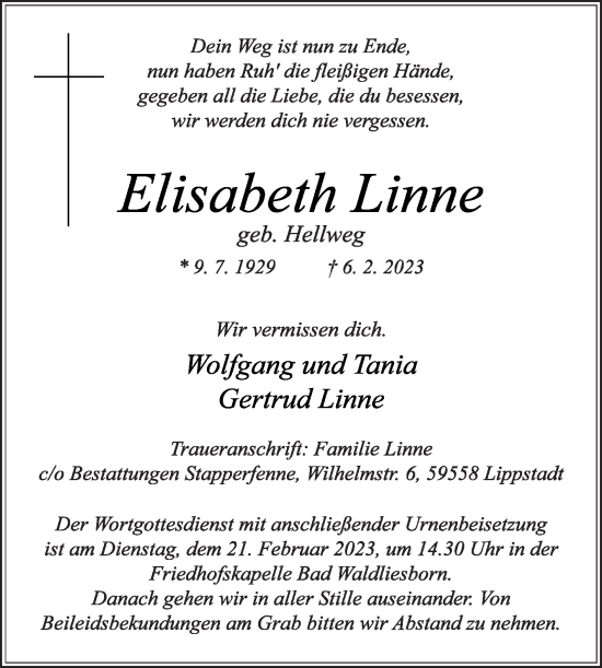 Traueranzeige von Elisabeth Linne von Die Glocke