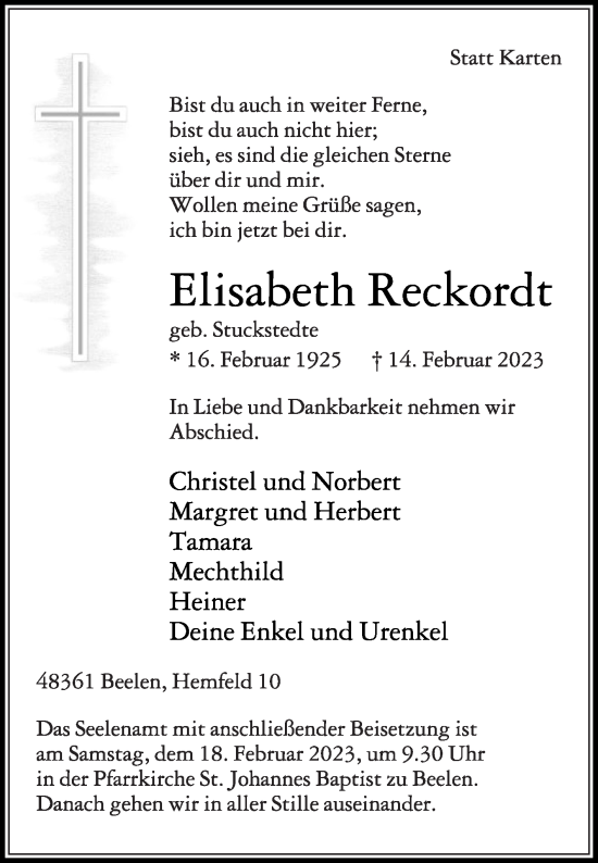 Traueranzeige von Elisabeth Reckordt von Die Glocke
