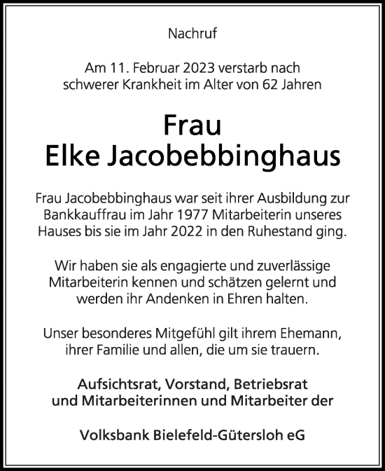 Traueranzeige von Elke Jacobebbinghaus von Die Glocke