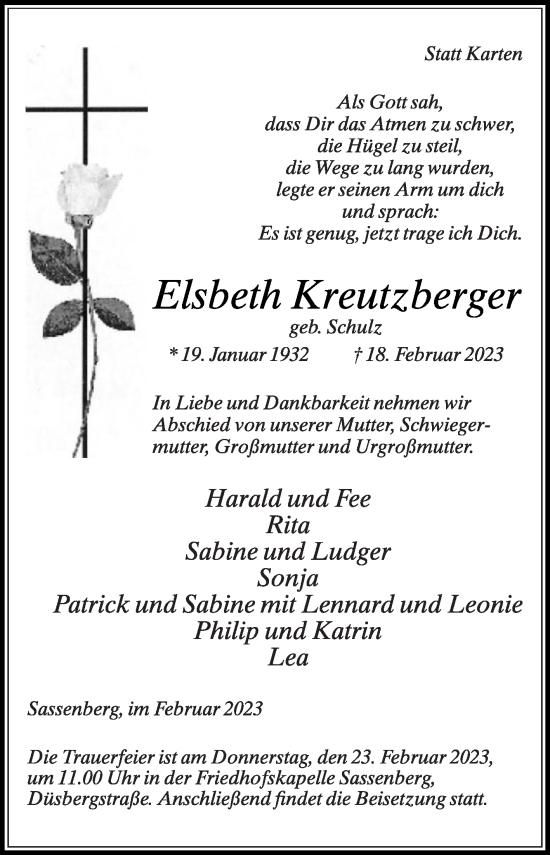 Traueranzeige von Elsbeth Kreutzberger von Die Glocke