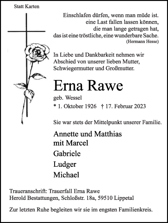 Traueranzeige von Erna Rawe von Die Glocke