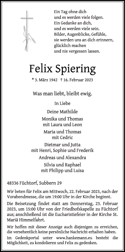 Traueranzeige von Felix Spiering von Die Glocke