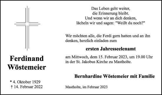 Traueranzeige von Ferdinand Wöstemeier von Die Glocke