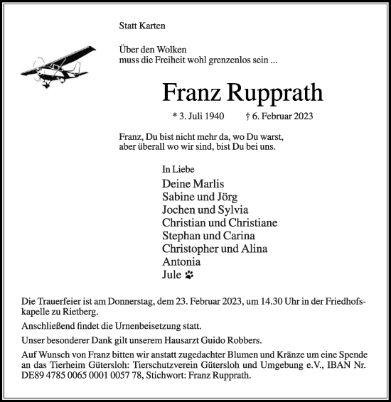 Traueranzeige von Franz Rupprath von Die Glocke
