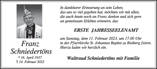 Traueranzeige von Franz Schniedertöns von Die Glocke