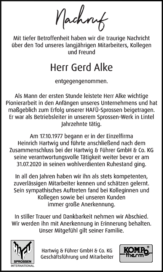 Traueranzeige von Gerd Alke von Die Glocke