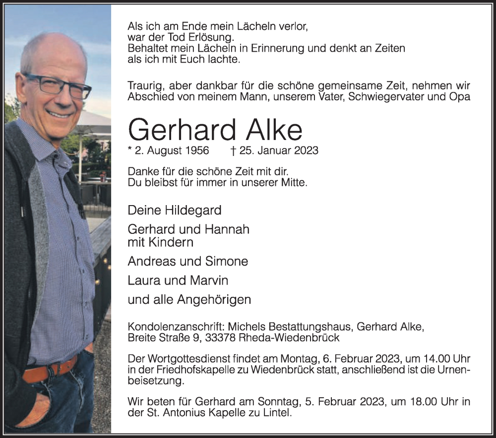 Traueranzeige für Gerhard Alke vom 01.02.2023 aus Die Glocke