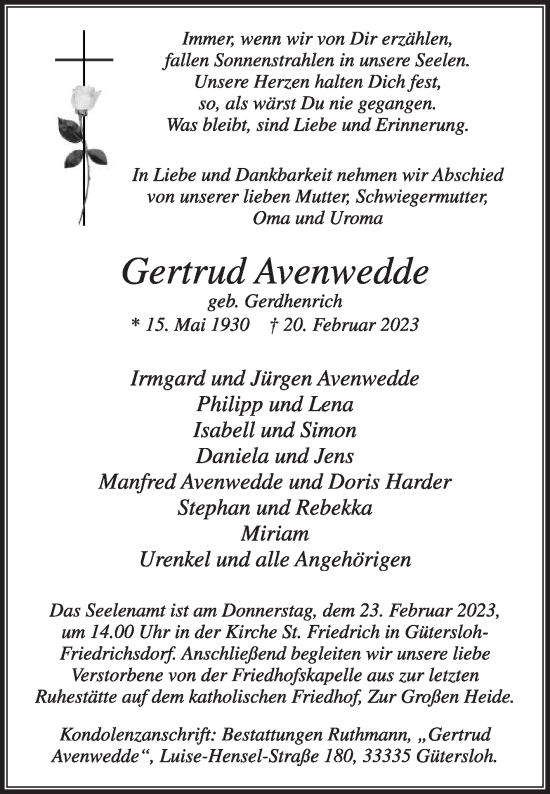 Traueranzeige von Gertrud Avenwedde von Die Glocke