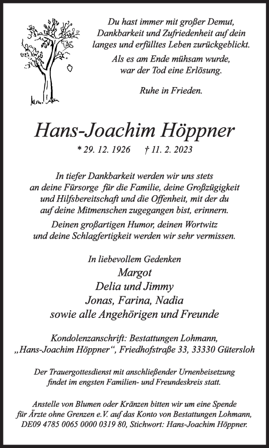 Traueranzeige von Hans-Joachim Höppner von Die Glocke