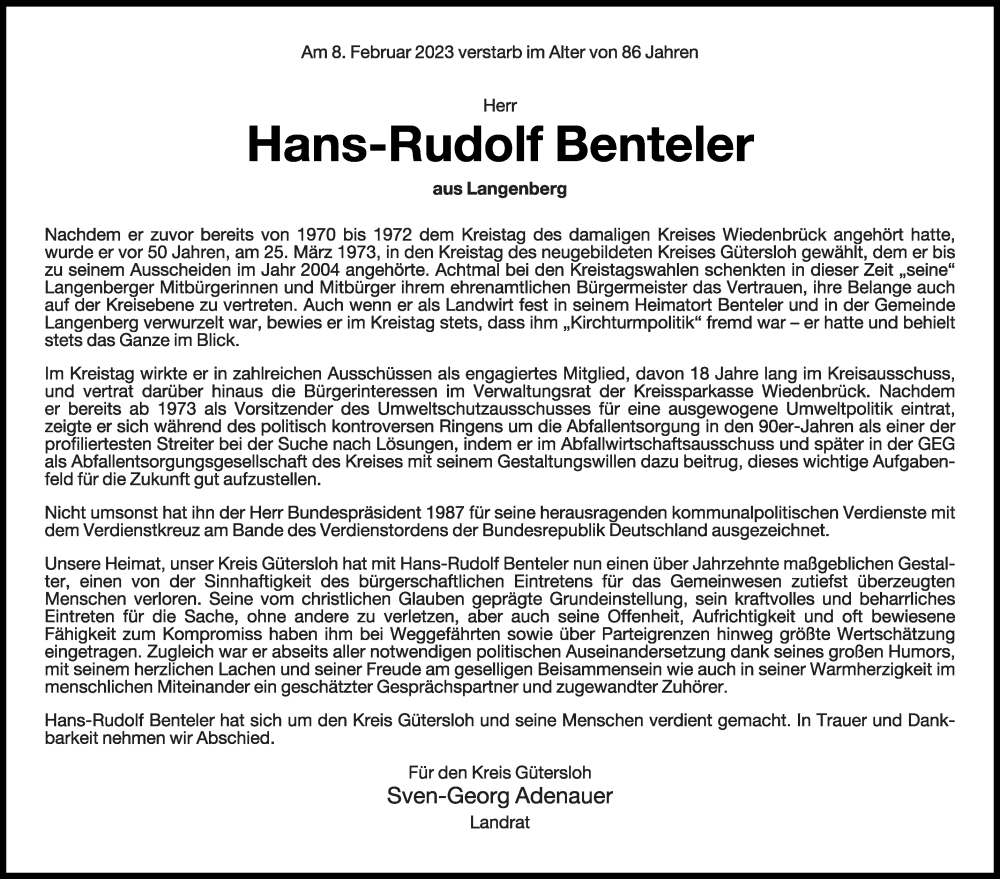  Traueranzeige für Hans-Rudolf Benteler vom 11.02.2023 aus Die Glocke