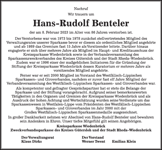 Traueranzeige von Hans-Rudolf Benteler von Die Glocke